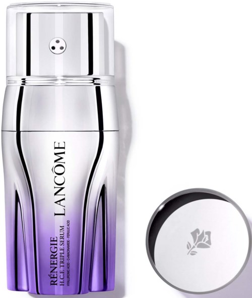 A silver and purple bottle with a pump top, labeled 'Lancôme Renergie Multi-Lift.' A round container is beside it.