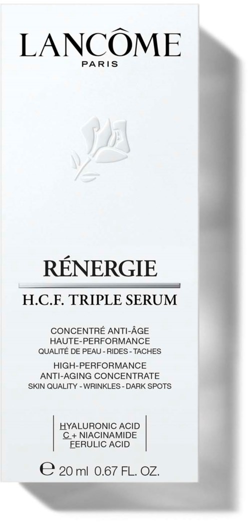 A white box with black text showing Lancôme logo and skincare product details, including ingredients and size.