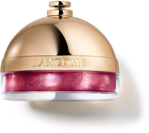 Een roze glanzende gel of crème in een ronde gouden en doorzichtige pot met een gouden deksel, Lanc f4me logo aan de zijkant.