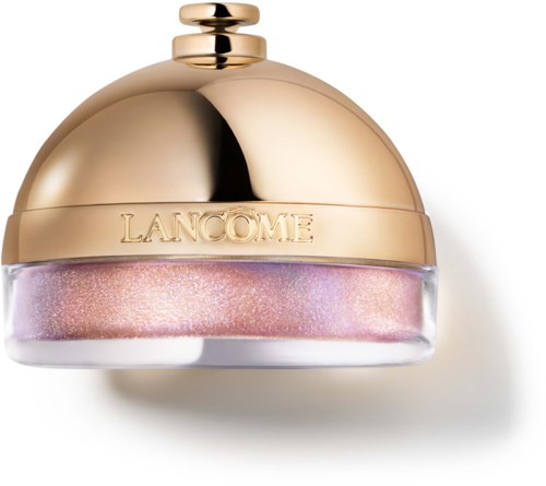 Goudkleurige Lancome cosmetische pot met glanzende, ronde dop en zichtbaar roze glittersproduct.