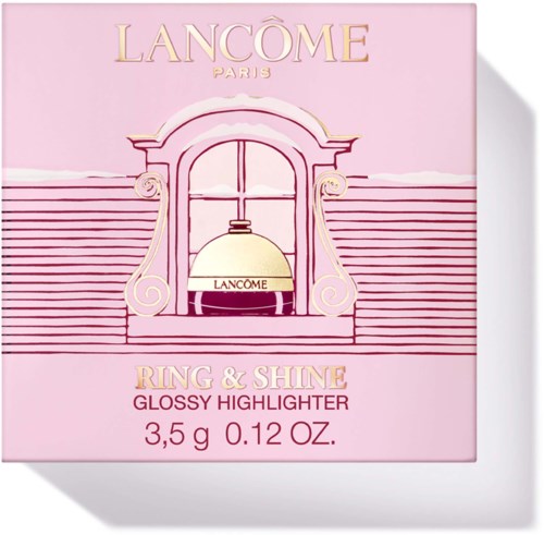 Lancôme roze doos met logo, illustratie van een raam, en productnaam Ring & Shine Glossy Highlighter aan de voorkant.