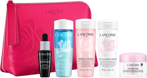 Ett set med hudvårdsprodukter inklusive toner, fuktkräm, serum och en rosa väska från Lanc 4me.