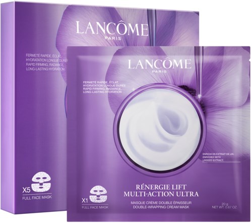 En lila förpackning och påse med Lancome hudvård, visar en ansiktsmask inuti, med text och logotyp.