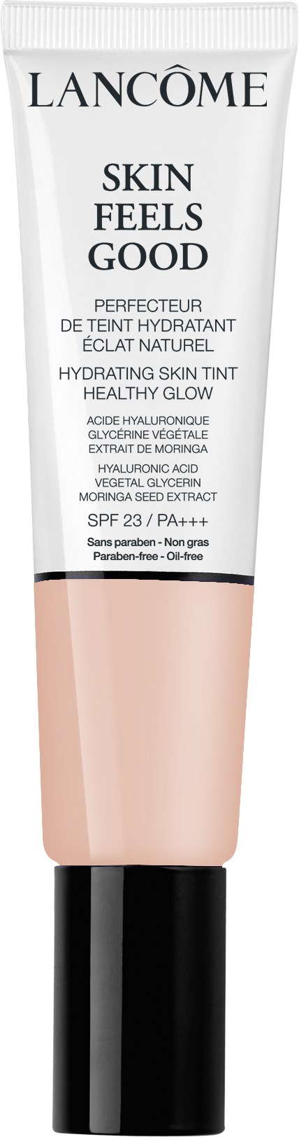 En vit tub med svart kork, märkt Lancôme Skin Feels Good, fuktighetskräm med SPF 23, hjälper till att återfukta och passa för frisk hud.
