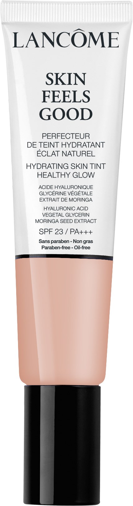 Lancôme hudvårdstub med vita, rosa och svarta färger, märkt 'Skin Feels Good' och SPF 23.