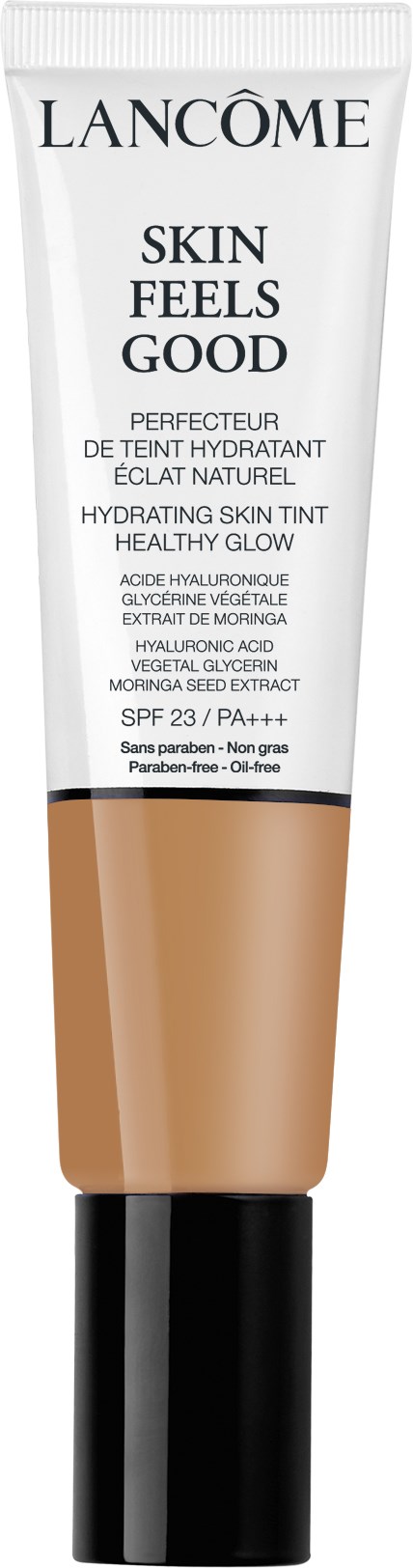 En tub med Lancôme hudvårdsprodukt med titeln 'Skin Feels Good' med SPF 23 och ljusbeige färg.