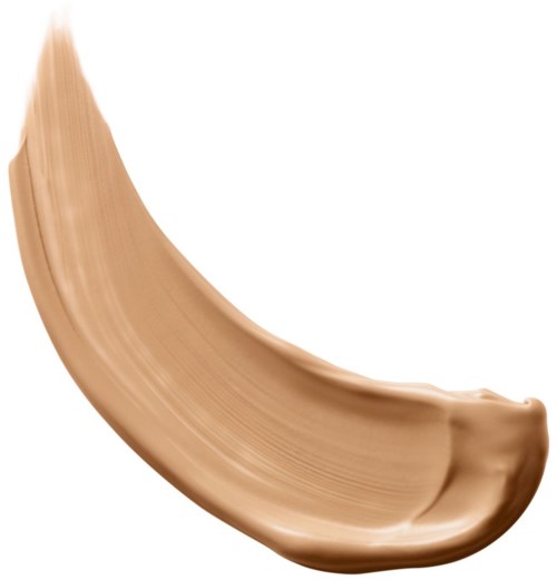 En böjd prov av beige-färgad vätska eller kräm, med slät textur och glänsande yta.