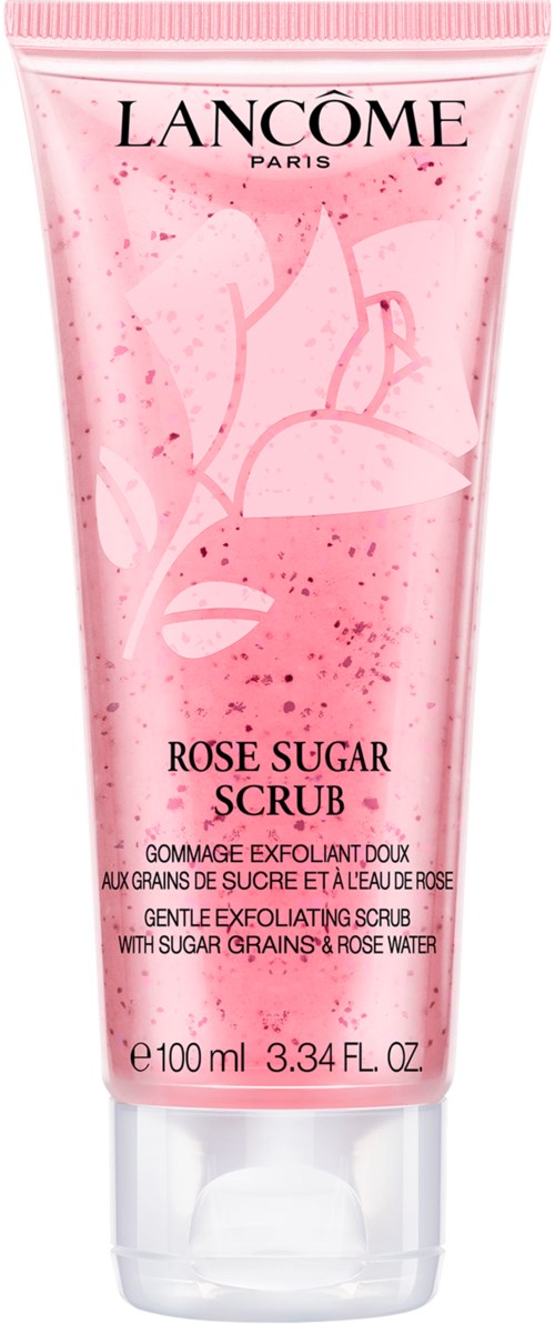 Rod tube med Rose Sugar Scrub med blommig design och varumärket Lancôme Paris.