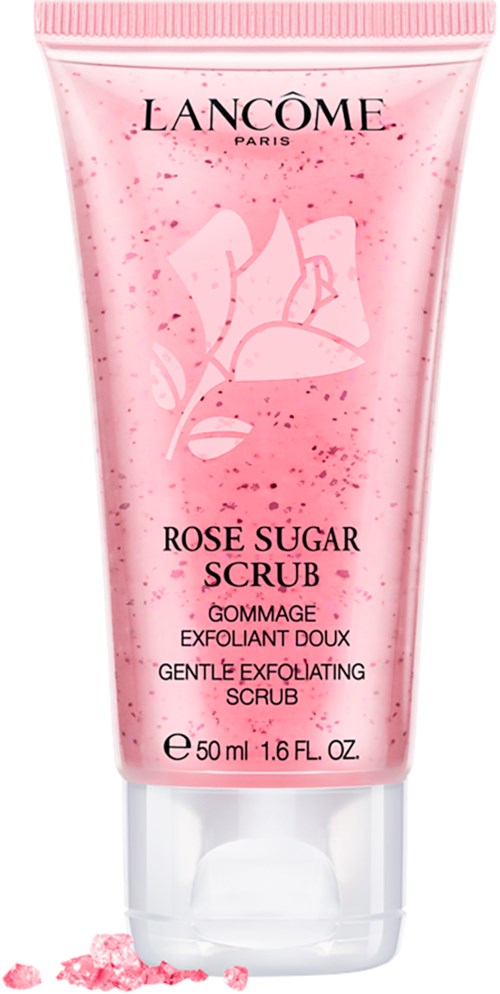 Rosa tub med rosillustration, märkt Lancôme Rose Sugar Scrub, mild peeling för ansiktet, 50 ml.