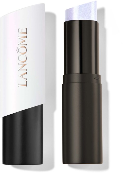 A black and white lipstick tube with the top part lifted, and a white cap with 'LANCÔME' written on it.