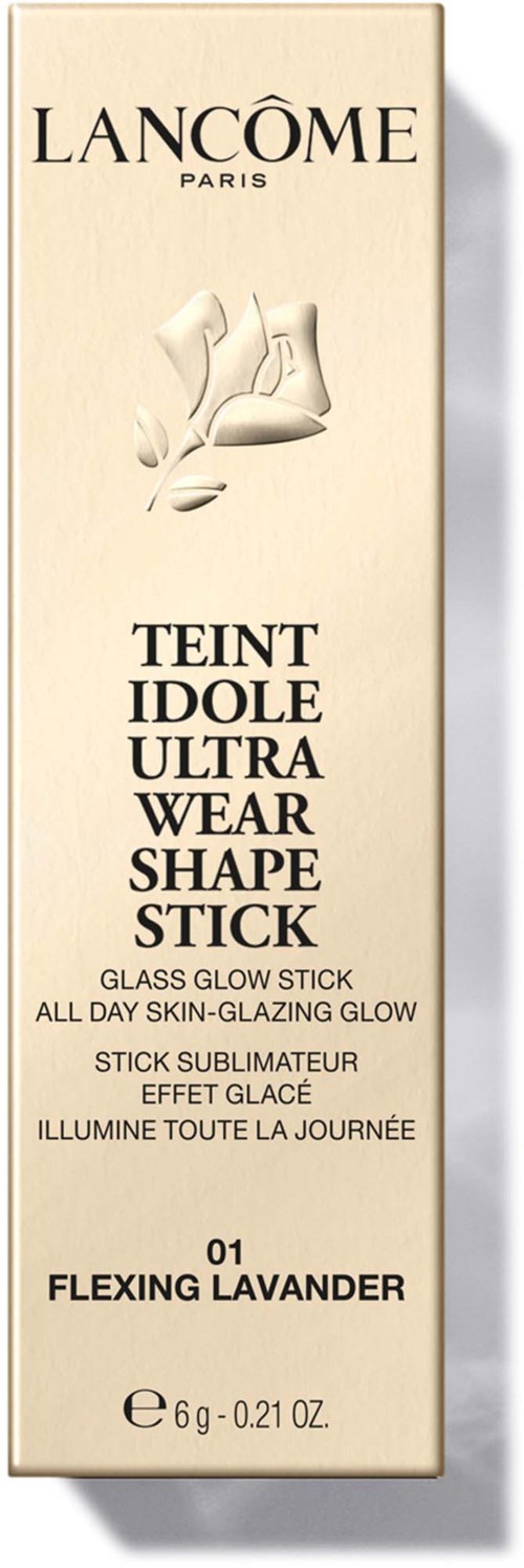 A tall, cream-colored box for a Lancôme glow stick with lavender scent. It has black text and a small logo.