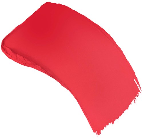 A bright red paint stroke with uneven edges on a white background.