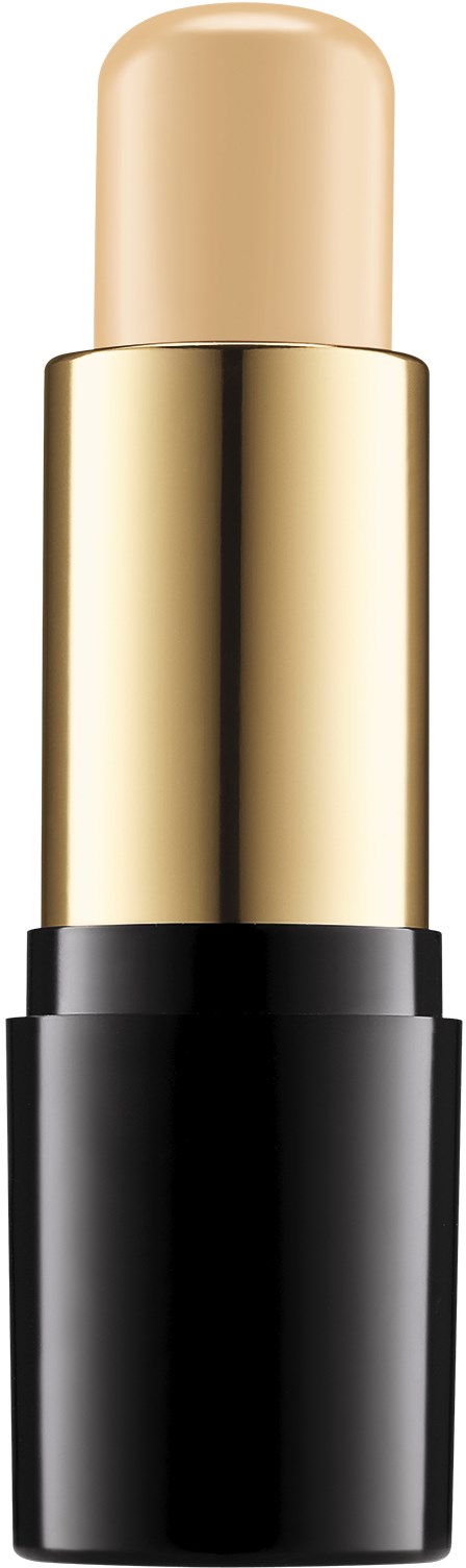Ett läppstift med guldkapsel och svartbas, visar den beige läppstiftsdelen exponerad.