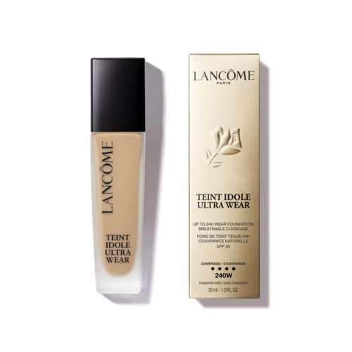 Butelka podkładu Lancôme Teint Idole Ultra Wear z opakowaniem, oba w beżowym i czarnym kolorze.