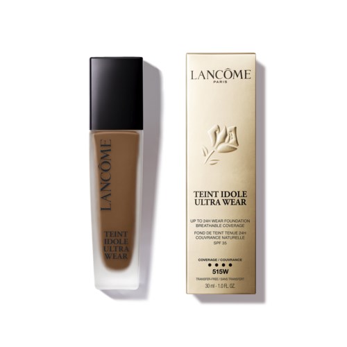 Butelka podkładu Lancôme obok swojej opakowania, oznaczona Teint Idole Ultra Wear, SPF 35, 30 ml.