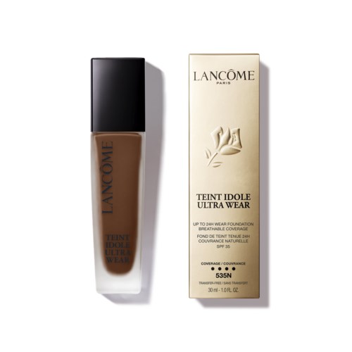 Lancome-meikkivoidepullo ja sen rasia, ruskea sävy ja musta korkki.