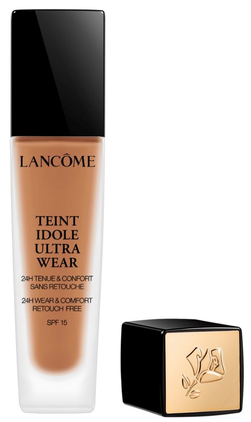 Butelka podkładu Lancôme z czarną nakrętką i kwadratowym, złotym wieczkiem obok.
