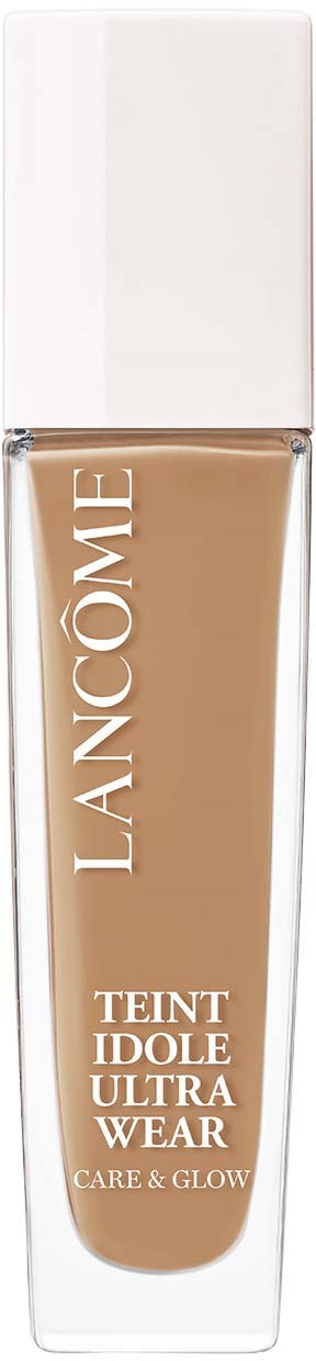 A bottle of Lancôme Teint Idole Ultra Wear foundation with a beige liquid inside and white cap.
