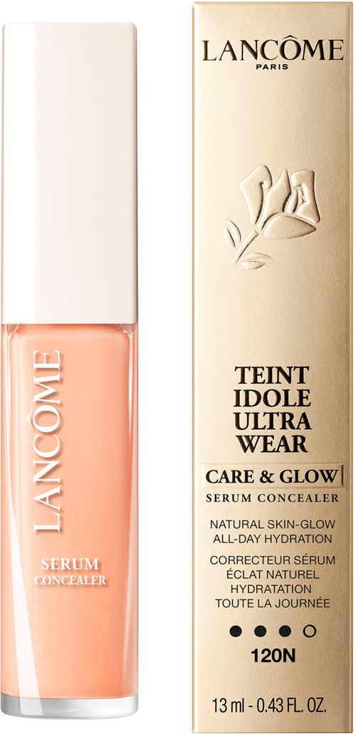 Lancôme-nerolitalle, jossa persikkainen pullo ja valkoinen korkki, sekä beige laatikko, jossa mustaa tekstiä ja kukklogo.