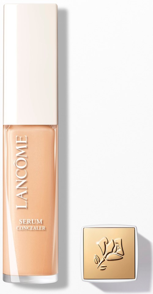 Butelka korektora serum Lancôme z nakrętką obok. Butelka jest beżowa i biała z tekstem.