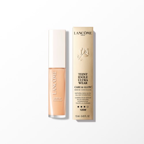 butelka serum Lancôme z białą nakrętką i beżowym pudełkiem z informacjami o produkcie i logiem.