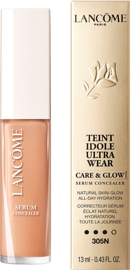 Lancôme-seerumitunnelilakka ja beige rasia, merkinnät sisältävät hoitoa, hehkua, kosteutusta ja sävy 305N.