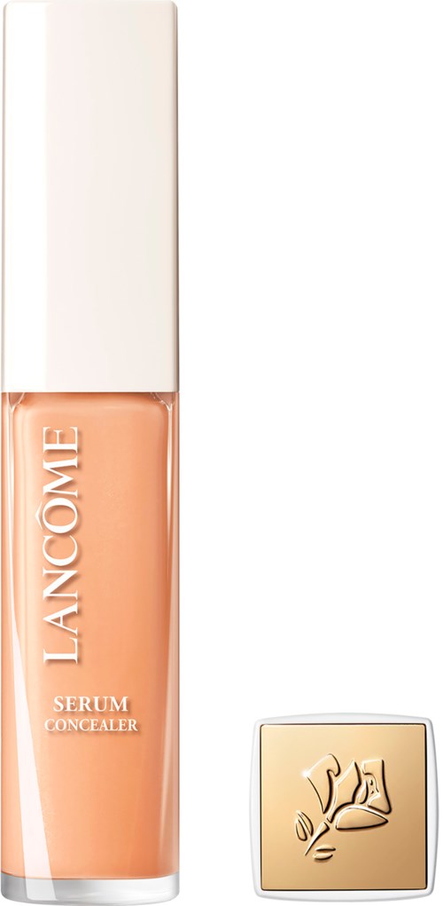 Lancôme-sarjaserum-peiteväri pullossa ja kultainen meikkipakkaus vieressä.