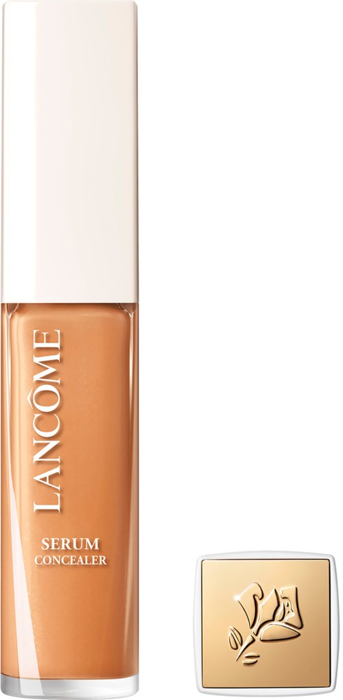 A concealer serum bottle with a white cap and beige liquid inside, labeled 'LANCOME SERUM CONCEALER' with a gold square at the bottom.