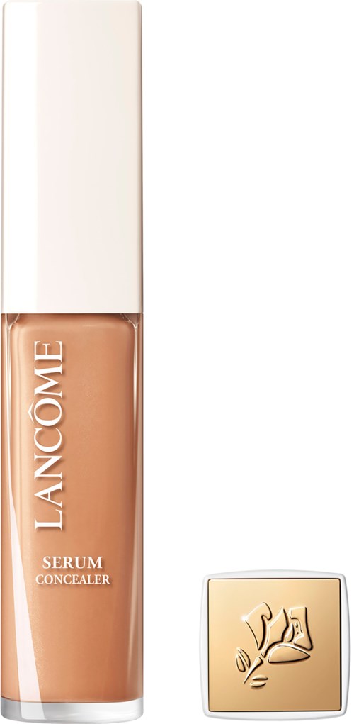 A bottle of Lancôme concealer serum with a white cap and a beige liquid inside.