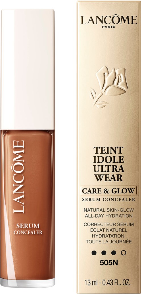 A beige box and a brown bottle of foundation or concealer, with brand name Lancôme and product details on the box.