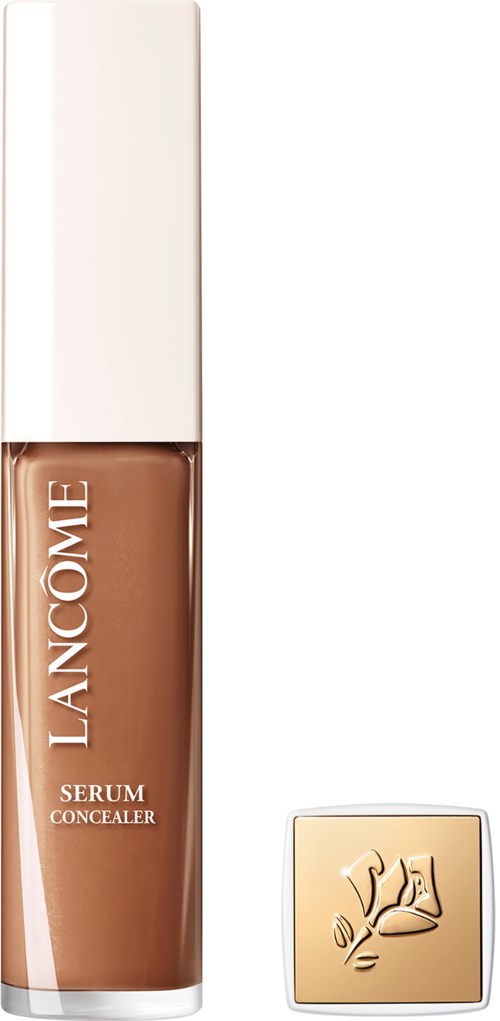 A bottle of Lanc f2me serum concealer with a beige cap and a logo beside it.