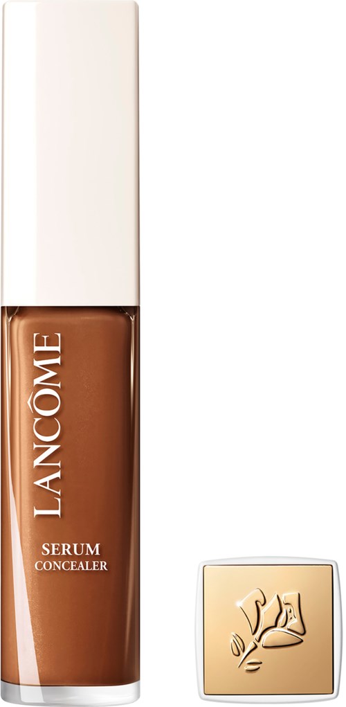 A bottle of Lanc 4me serum concealer with a white cap and a small beige applicator.