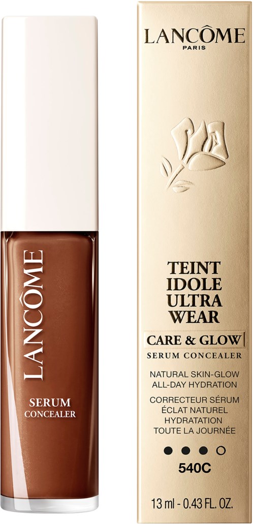 A bottle of LANCOME foundation serum with packaging box showing product details and brand logo.