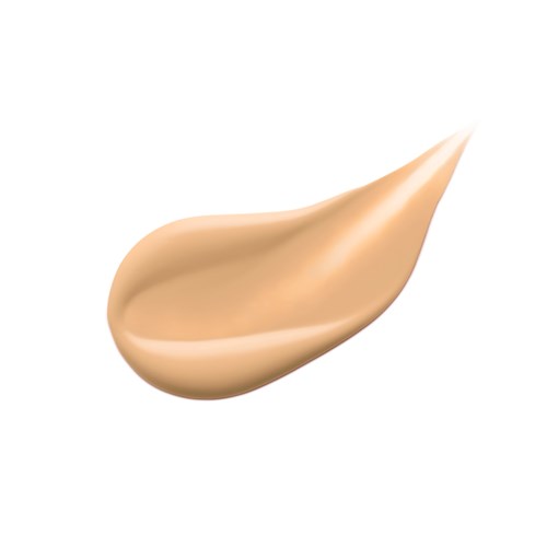A beige liquid foundation drop with a pointed tip, smooth and shiny texture.