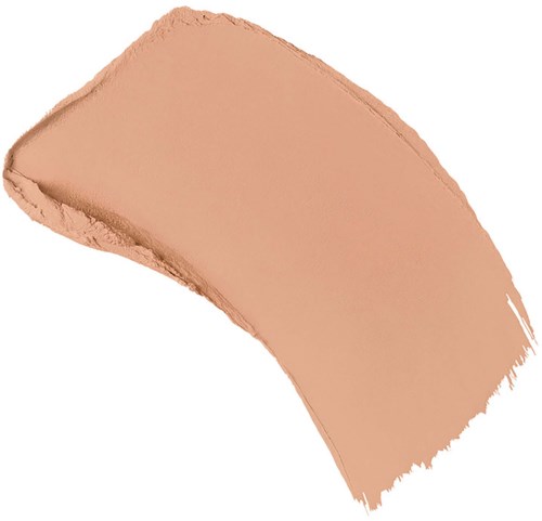 En beige sminkprov med runda kanter som visar en slät applikation på en vit bakgrund.