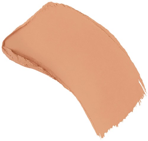 En beige, kurvad penseldrag med hårda kanter på en vit bakgrund.