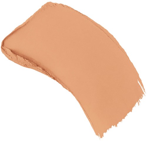 En kurvad beige makeup-fondationsprov på en vit bakgrund.