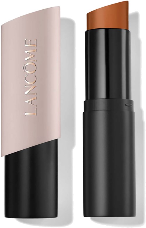 Ett läppstift med beige lock och svart kropp, märkt Lancôme, med läppstiftet i en naturlig hudton.