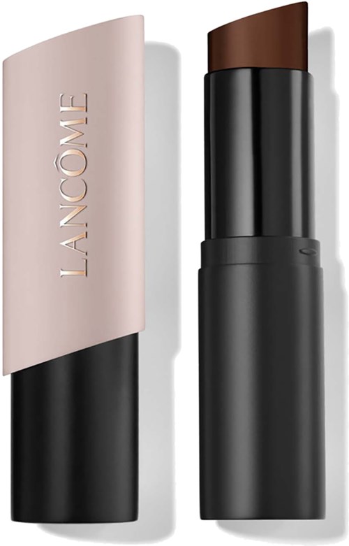 Ett läppstift med Lancome-märket på den ljusrosa kåpan, läppstiftet är brunt och kroppen är svart.