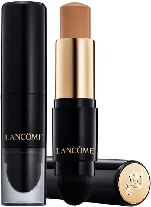 En sort, cilindrisk makeup-stift med guldbånd og mærket Lancôme, og en matchende kappe.
