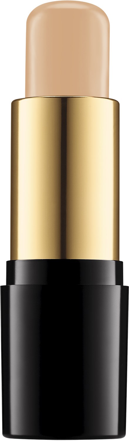 Ett sminkstift med beige produkt, guldfärgad mittdel och svart bas. Det ser ut som en concealer eller foundation.