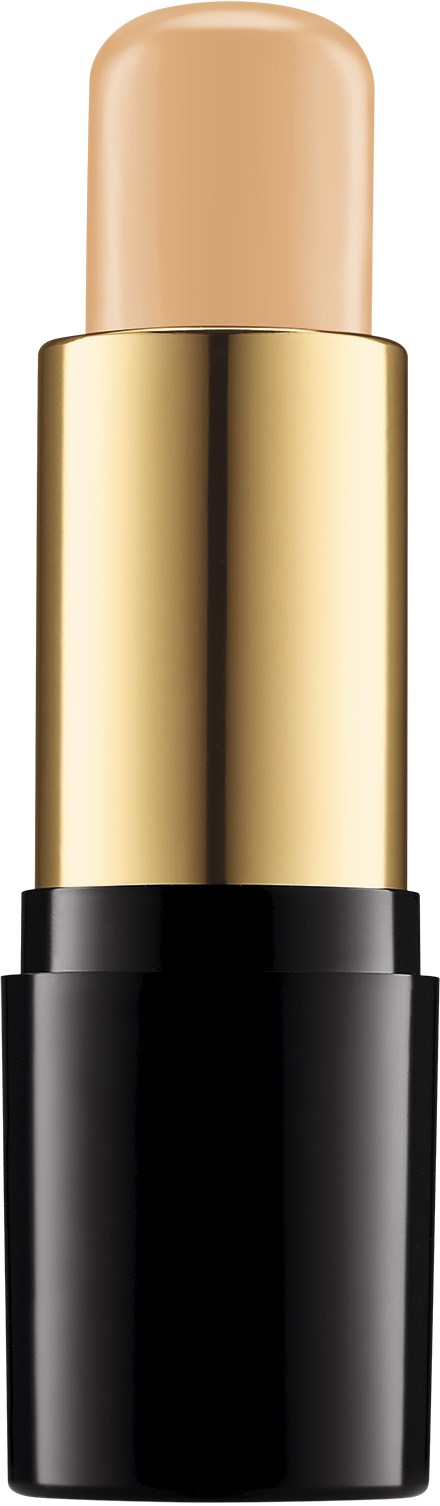 Een beige lippenstift in een goud- en zwarte huls met de dop eraf, toont de lipstick.