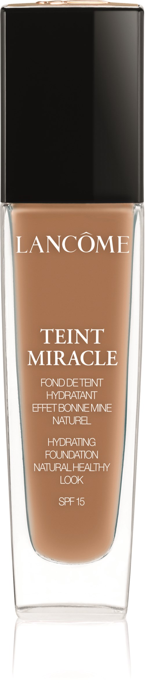 En flaska Lancôme Teint Miracle foundation med svart lock, märkt som återfuktande och SPF 15.