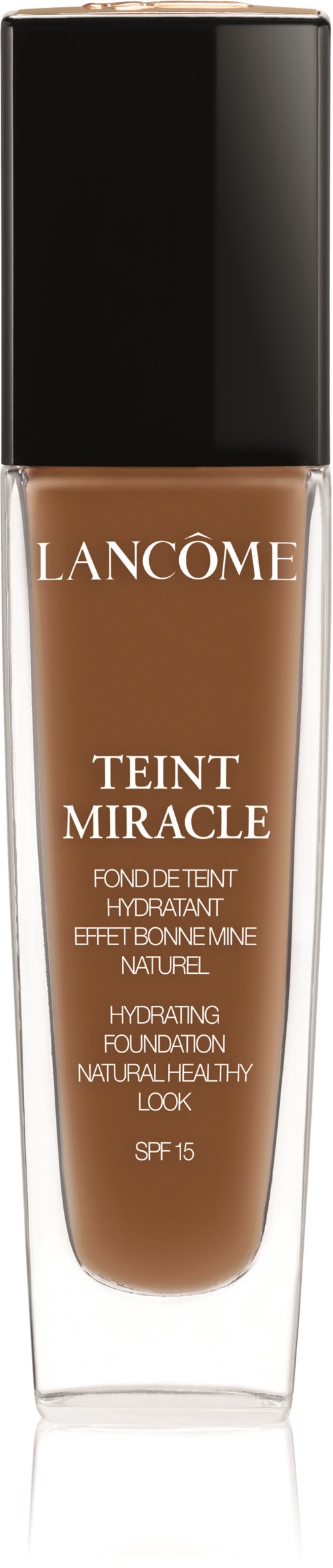 Butelka podkładu Lancôme Teint Miracle z czarną i przezroczystą butelką i beżowym płynem wewnątrz.