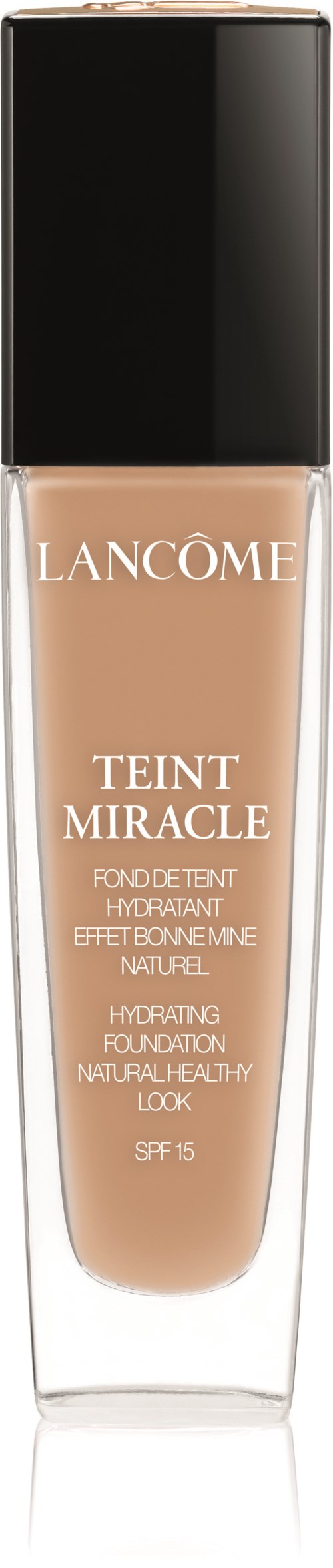butelka podkładu Lancôme Teint Miracle z czarną nakrętką i beżową płynnością.