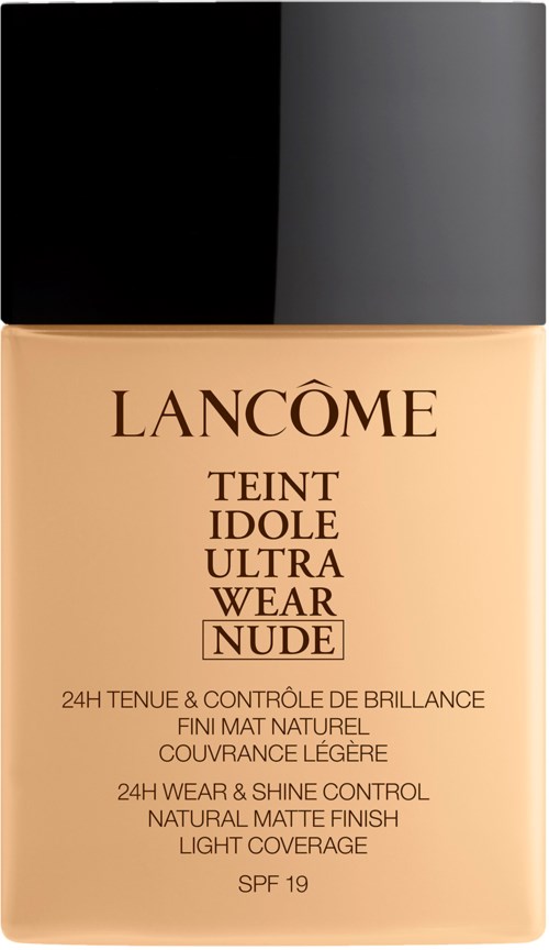 Lancôme Teint Idole Ultra Wear Nude foundation bottle, light beige color with black cap, offers 24-hour wear and SPF 19.
