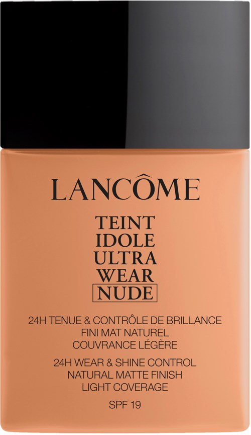 A foundation bottle labeled 'Lancôme Teint Idole Ultra Wear Nude' with SPF 19, designed for light, natural matte finish.
