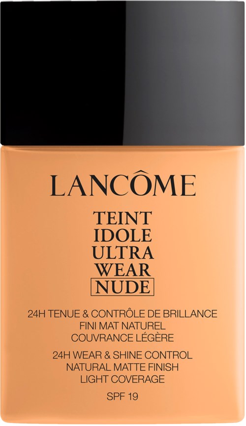 A bottle of Lancôme Teint Idole Ultra Wear Nude foundation, with black and gray cap, and text describing its features.