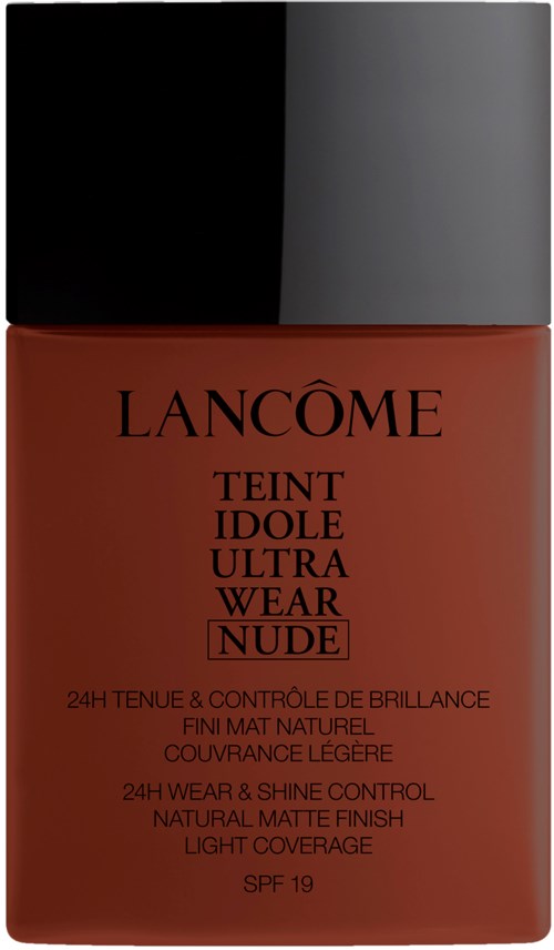 The image shows a brown makeup bottle with a black cap, labeled 'Lancôme Teint Idole Ultra Wear Nude' with details about coverage.
