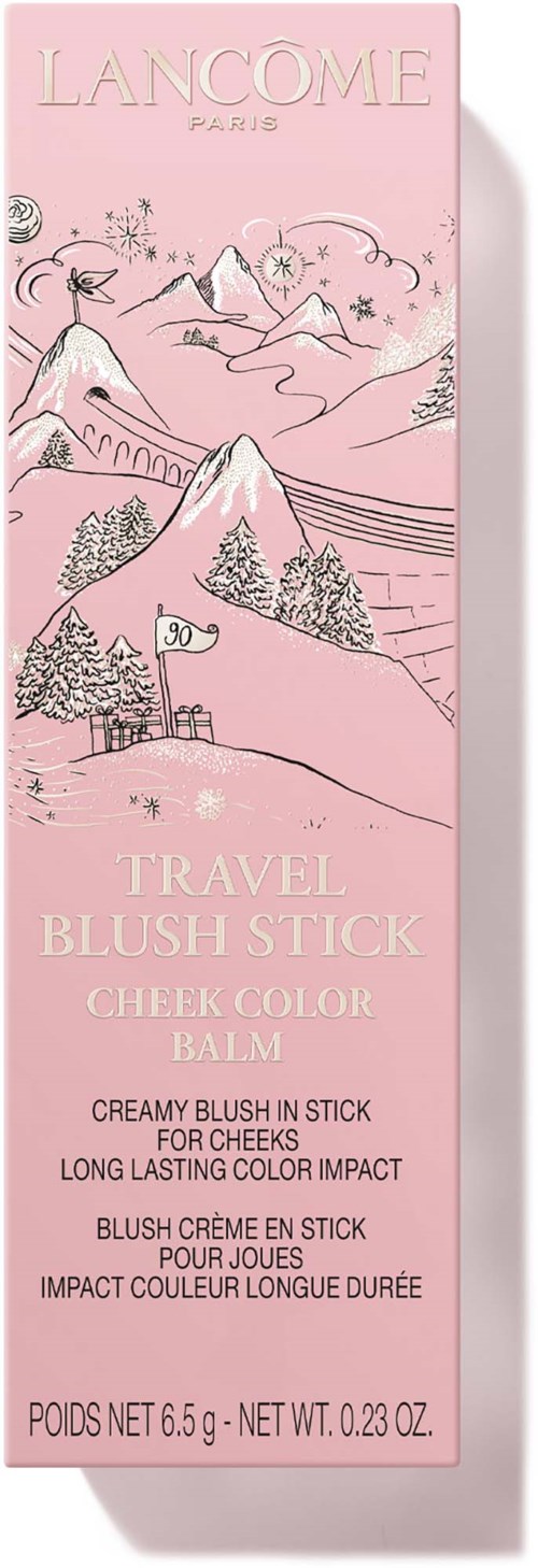 Hellrosa Verpackung zeigt Berge, Sterne und Bäume, mit Text über einen Reise-Blush-Stick für Wangen.